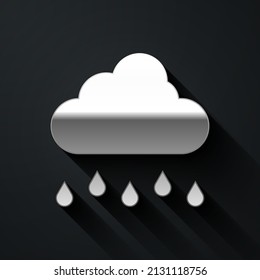 Silver Cloud with rain icon isolated on black background. Rain cloud precipitation with rain drops. Long shadow style. Vector