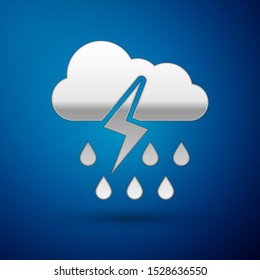 Silver Cloud with rain and lightning icon isolated on blue background. Rain cloud precipitation with rain drops.Weather icon of storm.  Vector Illustration