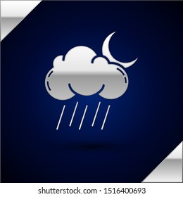 Silver Cloud with rain and moon icon isolated on dark blue background. Rain cloud precipitation with rain drops.  Vector Illustration