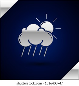Silver Cloud with rain and sun icon isolated on dark blue background. Rain cloud precipitation with rain drops.  Vector Illustration