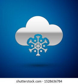 Silver Cloud with snow icon isolated on blue background. Cloud with snowflakes. Single weather icon. Snowing sign.  Vector Illustration