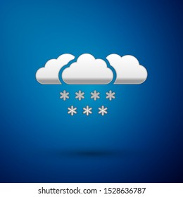 Silver Cloud with snow icon isolated on blue background. Cloud with snowflakes. Single weather icon. Snowing sign.  Vector Illustration