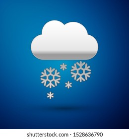 Silver Cloud with snow icon isolated on blue background. Cloud with snowflakes. Single weather icon. Snowing sign.  Vector Illustration
