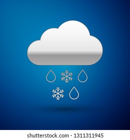 Silver Cloud with snow and rain icon isolated on blue background. Weather icon. Vector Illustration