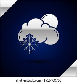 Silver Cloud with snow and sun icon isolated on dark blue background. Cloud with snowflakes. Single weather icon. Snowing sign.  Vector Illustration