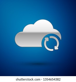 Silver Cloud sync refresh icon isolated on blue background. Cloud and arrows. Vector Illustration