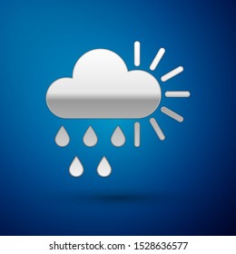 Silver Cloudy with rain and sun icon isolated on blue background. Rain cloud precipitation with rain drops.  Vector Illustration