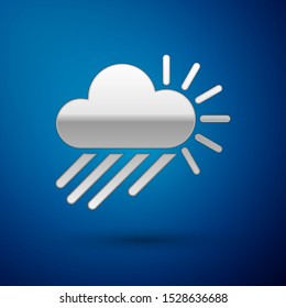 Silver Cloudy with rain and sun icon isolated on blue background. Rain cloud precipitation with rain drops.  Vector Illustration
