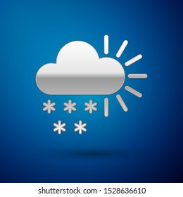 Silver Cloudy with snow icon isolated on blue background. Cloud with snowflakes. Single weather icon. Snowing sign.  Vector Illustration