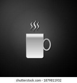 Silver Coffee cup flat icon isolated on black background. Tea cup. Hot drink coffee. Long shadow style. Vector.