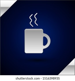 Silver Coffee cup icon isolated on dark blue background. Tea cup. Hot drink coffee.  Vector Illustration