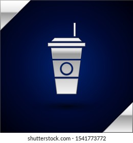 Silver Coffee cup icon isolated on dark blue background. Disposable coffee cup with hot coffee.  Vector Illustration