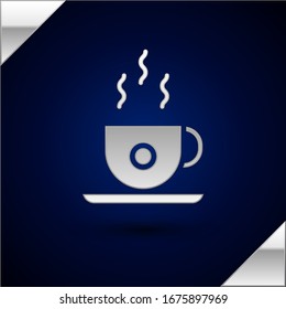 Silver Coffee cup icon isolated on dark blue background. Tea cup. Hot drink coffee.  Vector Illustration