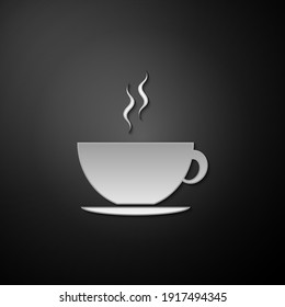Silver Coffee cup icon isolated on black background. Tea cup. Hot drink coffee. Long shadow style. Vector.