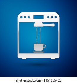 Silver Coffee machine and coffee cup icon isolated on blue background. Vector Illustration