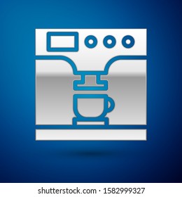 Silver Coffee machine and coffee cup icon isolated on blue background.  Vector Illustration