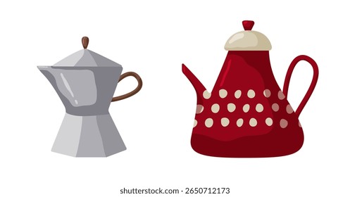 A silver coffee pot and a vibrant red kettle sit side by side on a wooden kitchen counter.