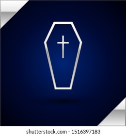 Silver Coffin with christian cross icon isolated on dark blue background. Happy Halloween party.  Vector Illustration