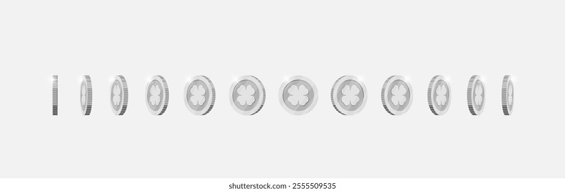 Silver coin animation with spinning four leaf lucky clover design for apps. Metallic symbol rotates in various directions. Flat 3D element for gaming interfaces. Achievement icon in constant motion