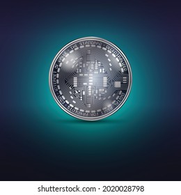 Silver coin with bitcoin cryptocurrency symbol isolated on shining blue background