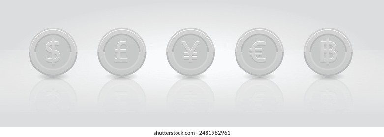 Silver coin collection illustrate with currency in 3D style for multimedia design