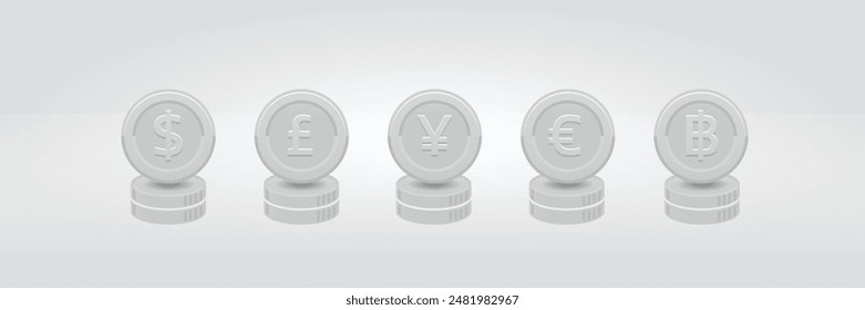 Silver coin collection illustrate with currency in 3D style for multimedia design
