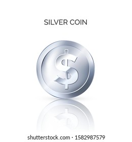 Silver Coin Front View. Glossy metallic money. Business symbol of money. One silver coin. Vector