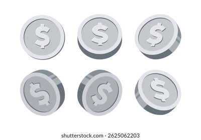 Silver Coin Icons with US Dollar Currency Symbols Vector Set. Illustration of shiny silver coins. Financial, economic, crypto, investment design concepts.