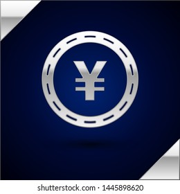 Silver Coin money with Yen symbol icon isolated on dark blue background. Banking currency sign. Cash symbol. Vector Illustration Silver Coin money with Yen symbol icon isolated on dark blue background. Banking currency sign. Cash symbol. Vector Illustration