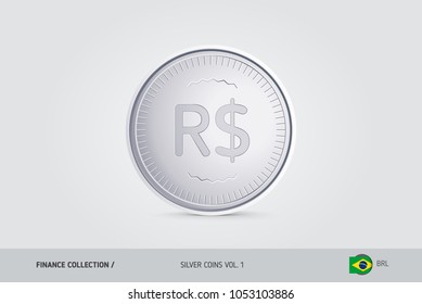 Silver coin. Realistic silver Brazilian Real coin. Isolated object on background. Finance concept for websites, web design, mobile app, infographics.