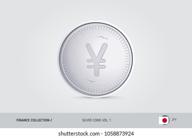 Silver coin. Realistic silver Japanese Yen coin. Isolated object on background. Finance concept for websites, web design, mobile app, infographics.