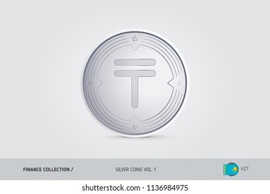 Silver coin. Realistic silver Kazakhstani Tenge coin. Isolated object on background. Finance concept for websites, web design, mobile app, infographics.