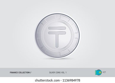 Silver coin. Realistic silver Kazakhstani Tenge coin. Isolated object on background. Finance concept for websites, web design, mobile app, infographics.
