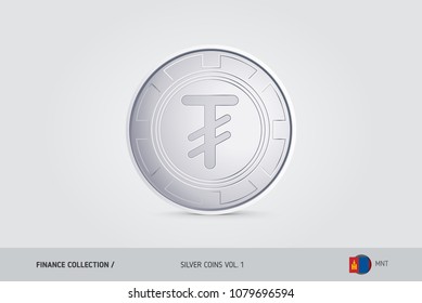 Silver coin. Realistic silver Mongolian Tugrik coin. Isolated object on background. Finance concept for websites, web design, mobile app, infographics.