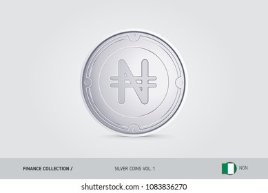 Silver coin. Realistic silver Nigerian Naira coin. Isolated object on background. Finance concept for websites, web design, mobile app, infographics.