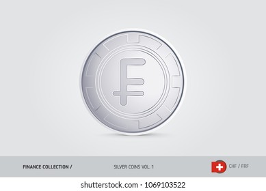 Silver coin. Realistic silver Swiss Franc coin. Isolated object on background. Finance concept for websites, web design, mobile app, infographics.