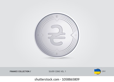 Silver coin. Realistic silver Ukrainian Hryvnia coin. Isolated object on background. Finance concept for websites, web design, mobile app, infographics.