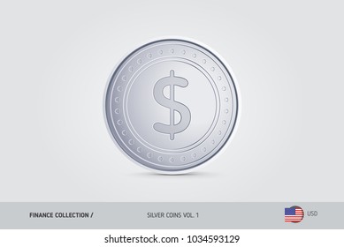 Silver coin. Realistic silver United States Dollar coin. Isolated object on background. Simple thin line golden coin for websites, web design, mobile app, infographics.