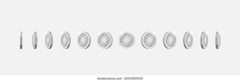 Silver coin spinning in varied directions for video game animation. Metallic currency with ancient sun design rotates dynamically. Achievement icon in motion. Flat 3D style asset for gaming visuals