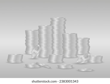 Silver Coin Stack. Stack of Coin. Pile of Silver Coin on Silver Background. Saving, Investment and Wealth Concept. Vector Illustration. 