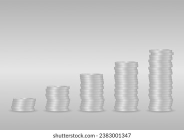 Silver Coin Stack. Stack of Coin. Pile of Silver Coin on Silver Background. Saving, Investment and Wealth Concept. Vector Illustration. 