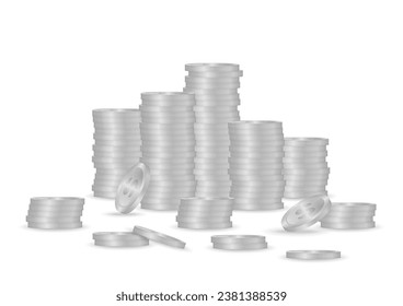 Silver Coin Stack. Stack of Coin. Pile of Silver Coin. Saving, Investment and Wealth Concept. Vector Illustration. 