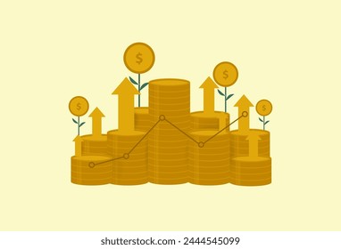 Pila de monedas de plata con gráfico comercial en concepto financiero. Ilustración vectorial	
