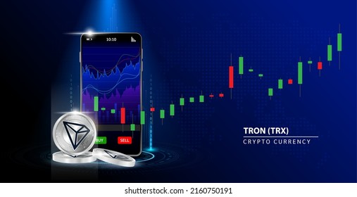 Silver coin TRON (TRX) Cryptocurrency blockchain. Online payment Blue background. Hand holding smartphone with money payment app bank Secure mobile banking finance concept Vector illustration 3D.