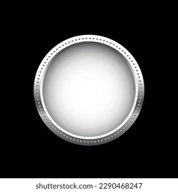 Ilustración vectorial de monedas de plata. 3d dinero real de acero en efectivo o signo del tesoro, medalla brillante aislada o premio de juego premium, vista frontal de medallón de metal con marco redondo de borde sobre fondo negro.