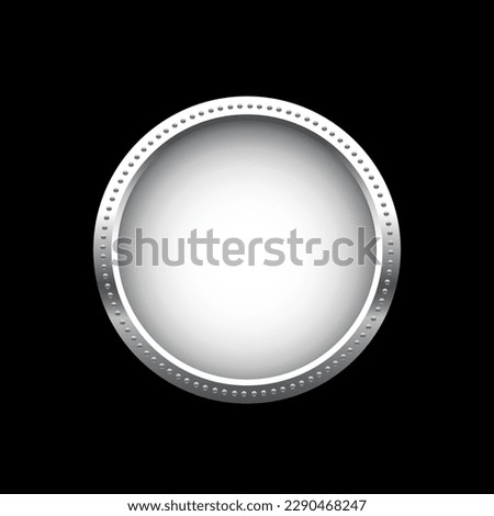 Silver coin vector illustration. 3d realistic steel money cash or treasure sign, isolated shiny medal or premium game prize, front view of metal medallion with round border frame on black background.