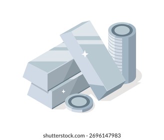 Moedas de prata e barras de prata, ícone de design plano ilustração vetorial