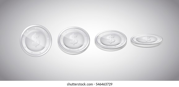 Silver coins in different positions set. Vector coin isolated on white background.