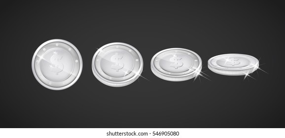 Silver coins in different positions set. Vector coin isolated on dark background.