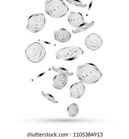 Silver coins falling on white. 3d silver money isolated coins background concept for business.